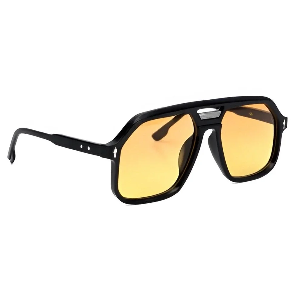 Mens Fashion Sunglasses Black Frame Yellow Lens Retro Square Flat Top Lentes New
